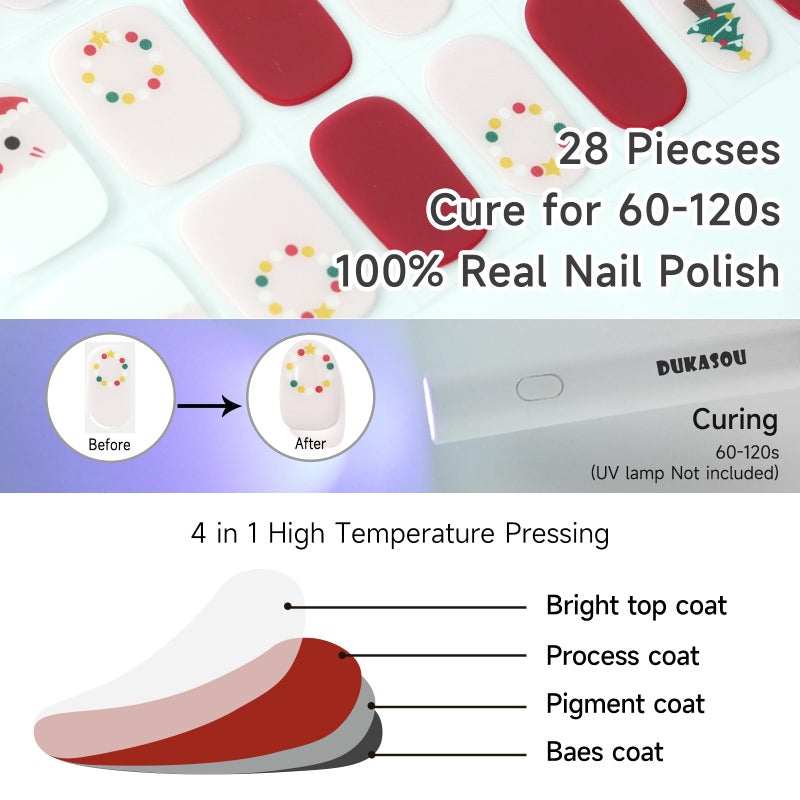 DUKASOU Christmas Semi Cured Gel Nail Strips, Santa Claus | 28 pcs Gel Nail Strips Work with Any UV Lamp, Salon Quality UV Nails Stickers, Easy to Apply for Home Christmas Nails DIY - Image 3